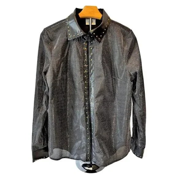 NWOT Unisex Black Leather Gold Studded Glitter Oversized Mesh Western Rock  XS - Picture 3 of 8